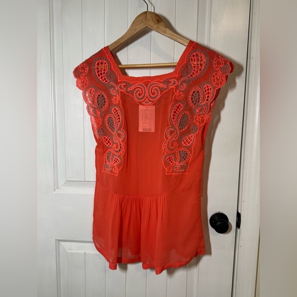Isato- Anthropologie-Coral Viscose Embroidered Sheer Blouse - Picture 7 of 8